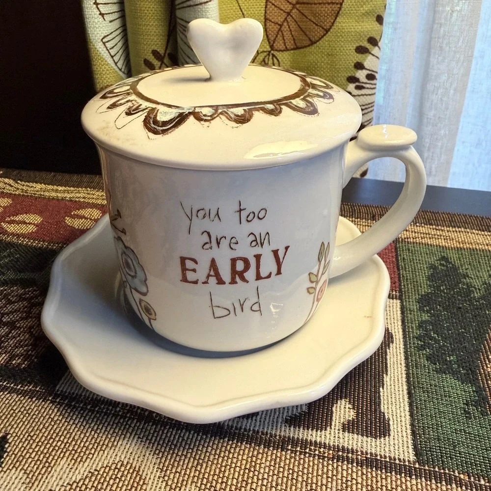 Lori Siebert Creative Co-Op Folk Art Bird Mug Covered Tea Cup Saucer Lid Heart